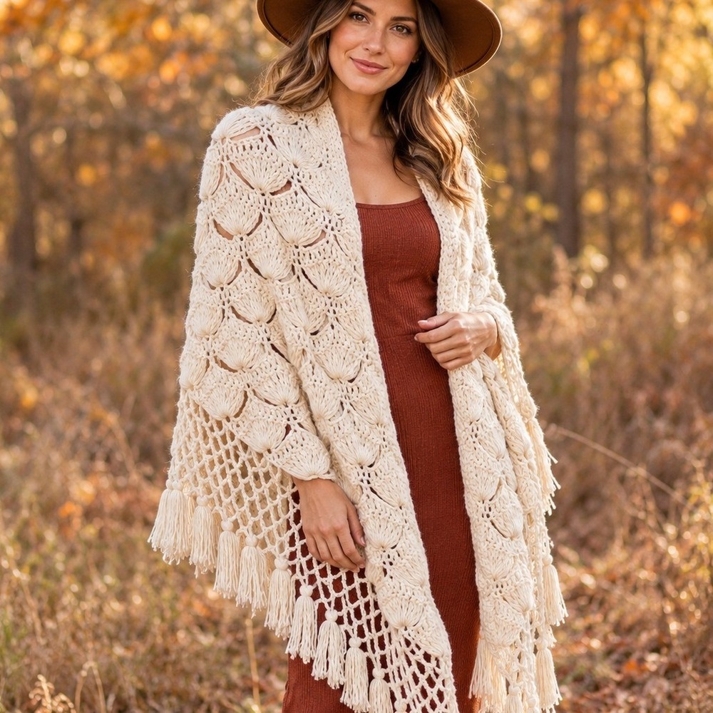 Vintage Handmade Crochet Shell Stitch Fringe Shawl Cottagecore Wrap Cream Ivory